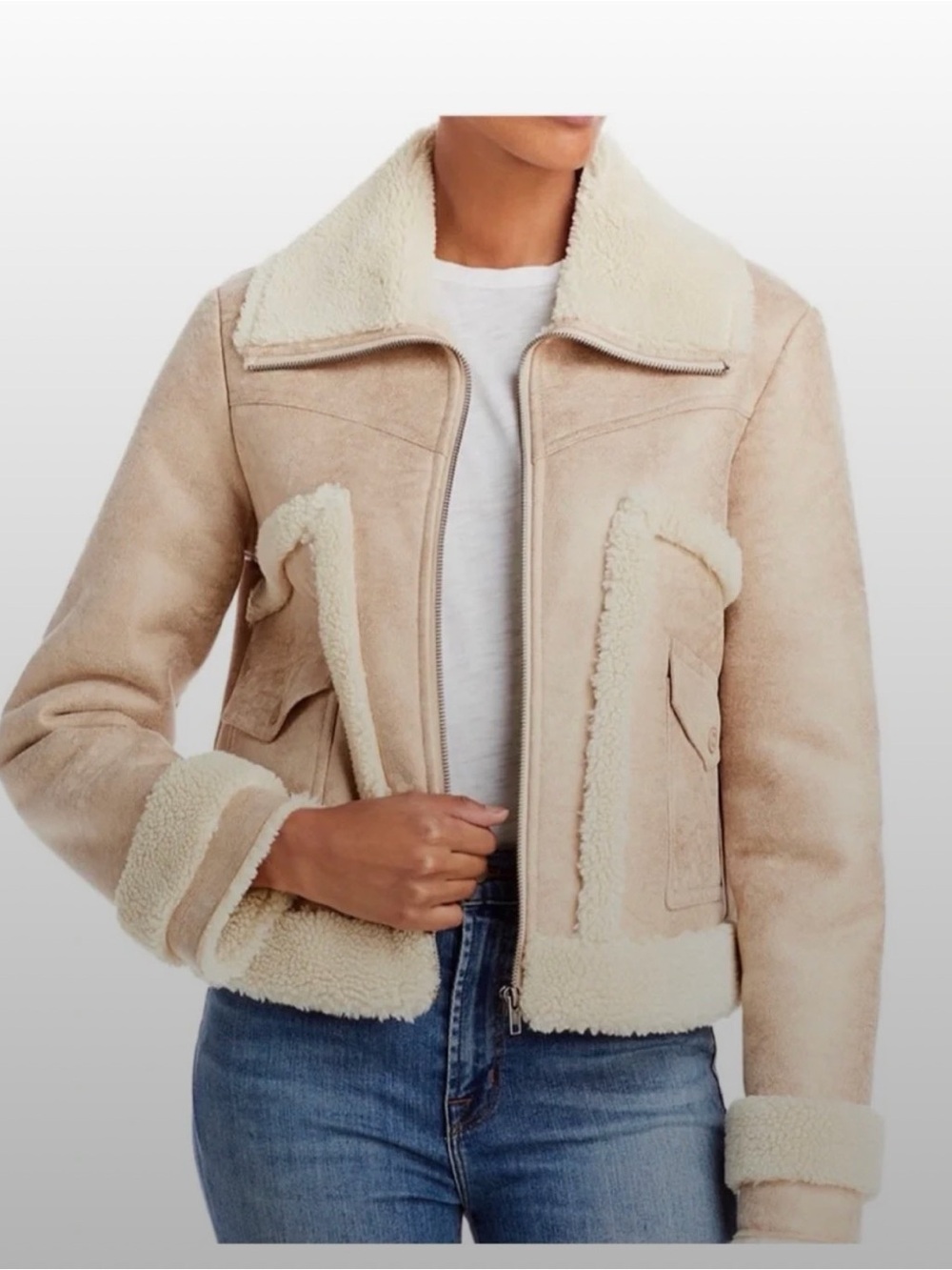 MOTHER Dusty Pink Faux Shearling Aviator Jacket with Cream Trim